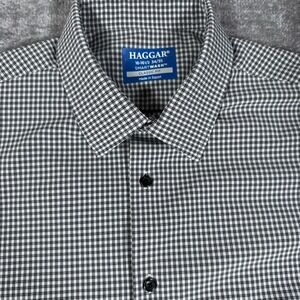 Haggar Shirt‎ Men's 16-16.5 Black White Plaid Smart Wash Classic Fit Long Sleeve